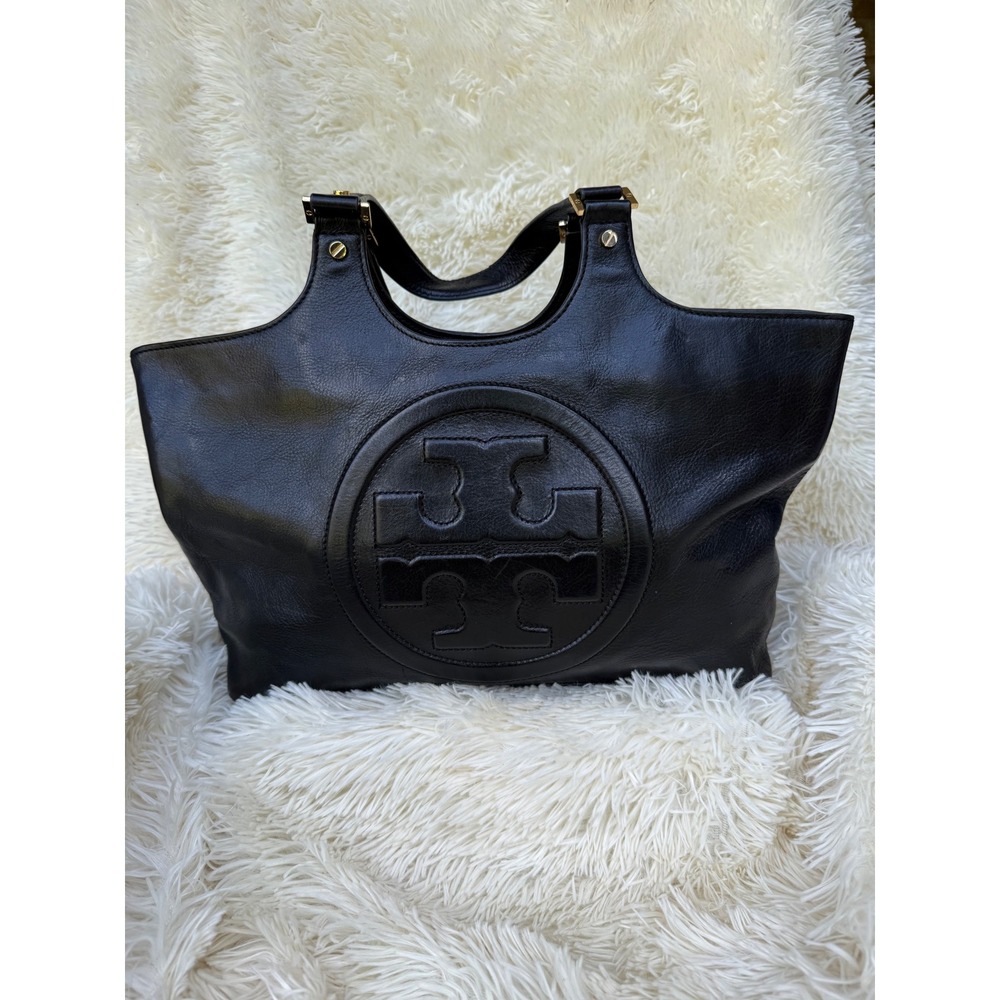Tory Burch Ella Tote Black Pebbled Leather Large Zip Top Shoulder Bag Gold Logo